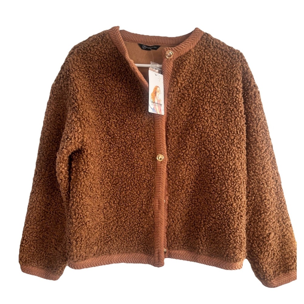 Pretty Garden Womens Small Teddy Bear Cardigan Faux Fur Plush Warm Brown NEW